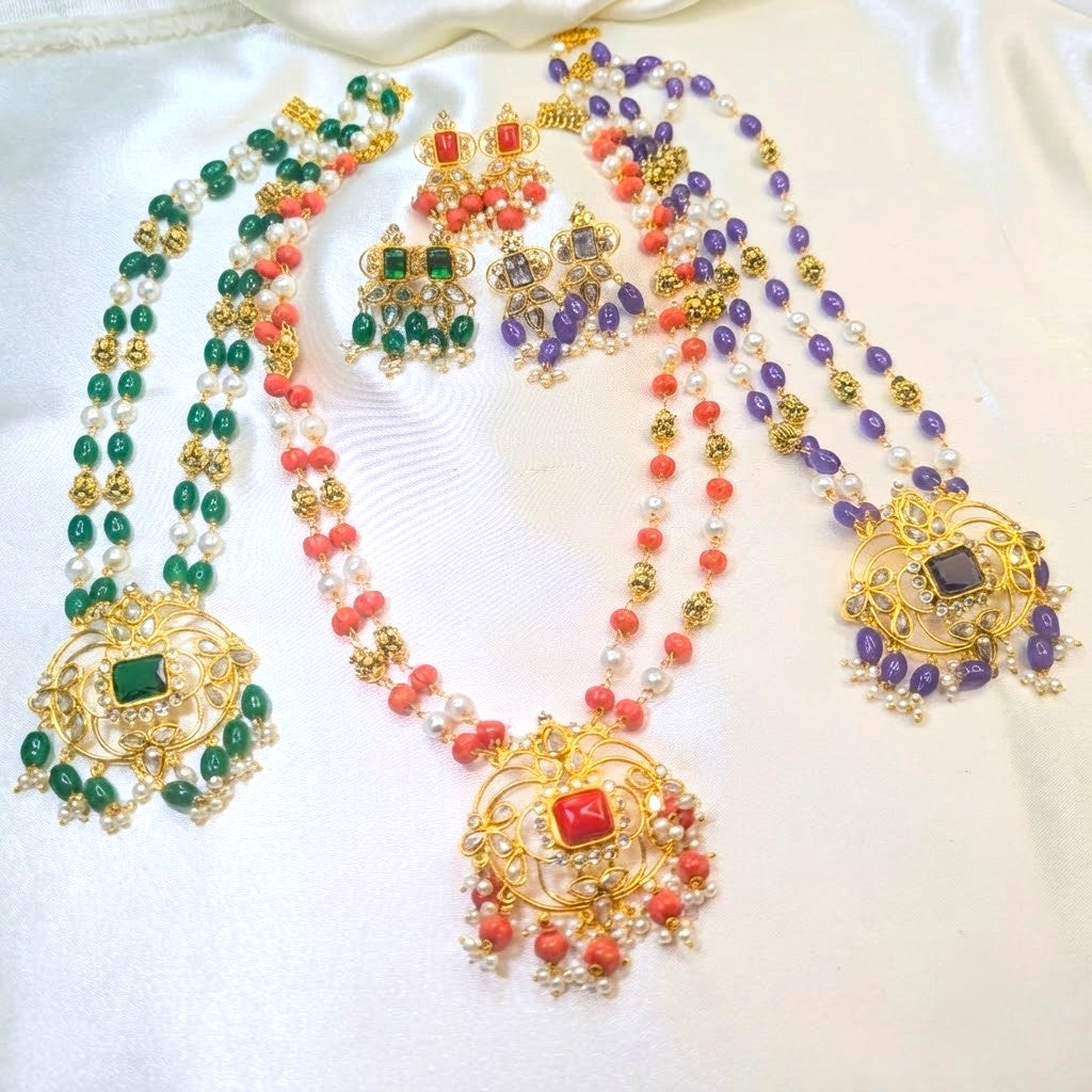 Double Lined Beaded Pendant Long Chain Set