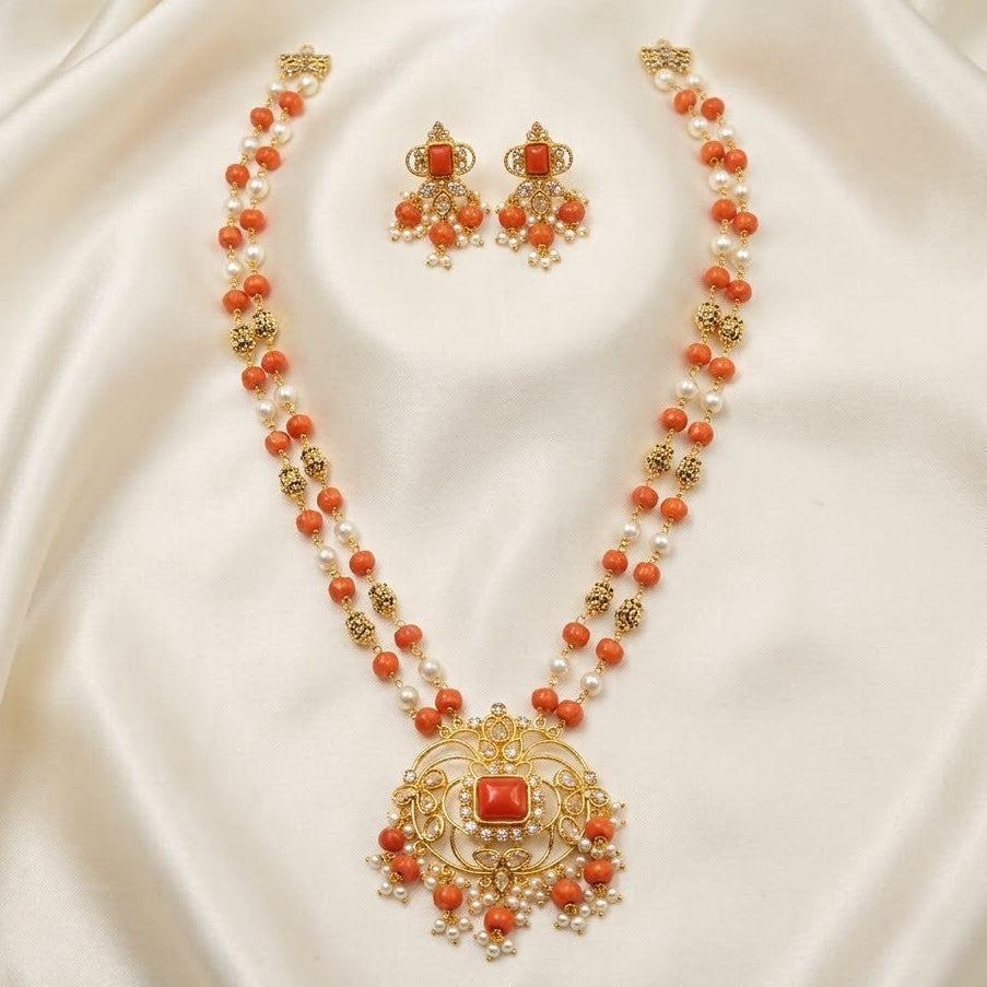 Double Lined Beaded Pendant Long Chain Set