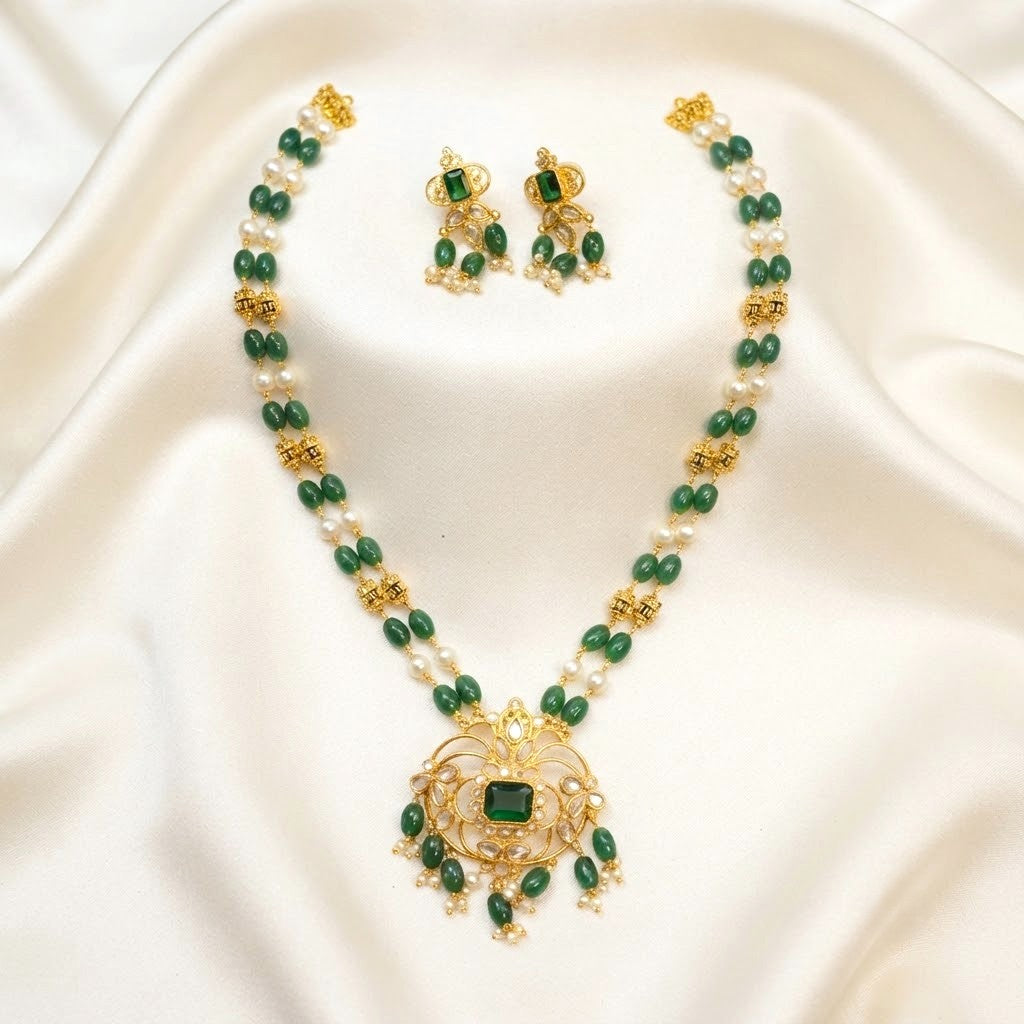 Double Lined Beaded Pendant Long Chain Set