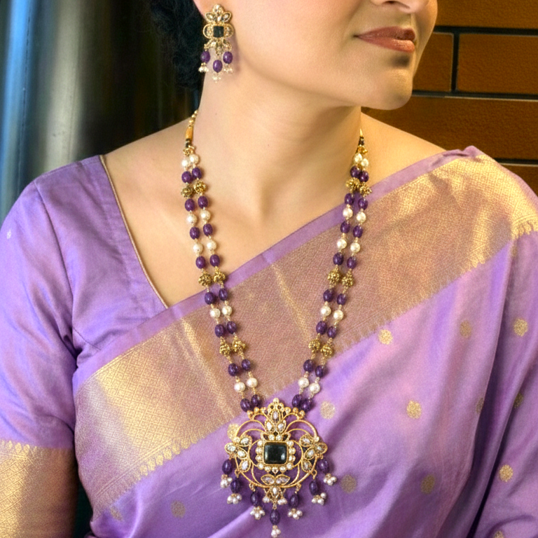 Double Lined Beaded Pendant Long Chain Set