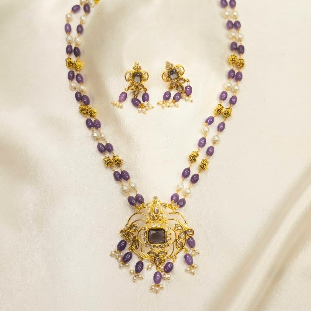 Double Lined Beaded Pendant Long Chain Set