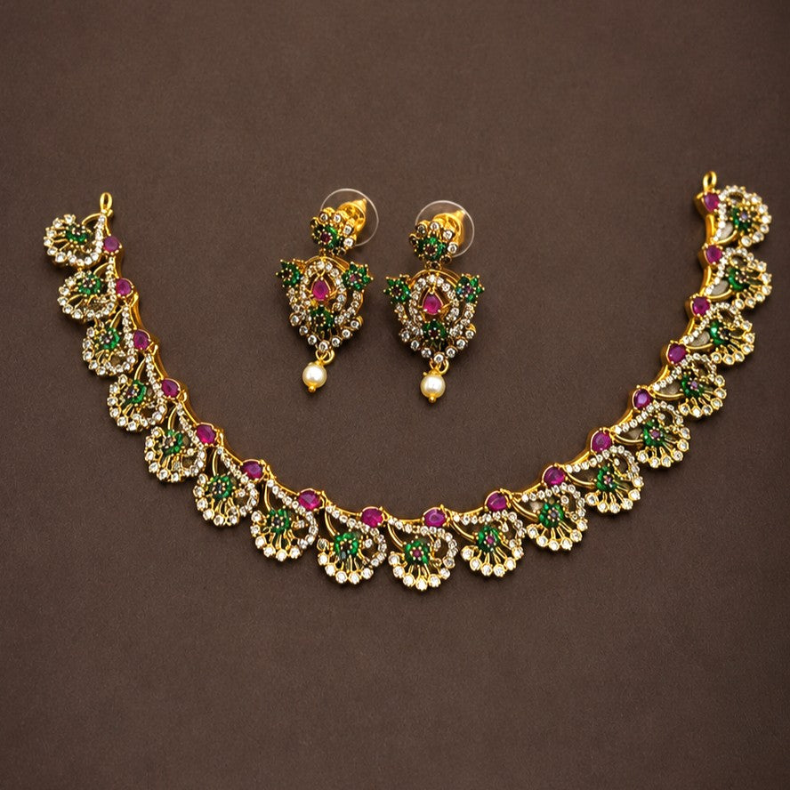 Floral Multi AD Stone Elegant Partywear Necklace Set