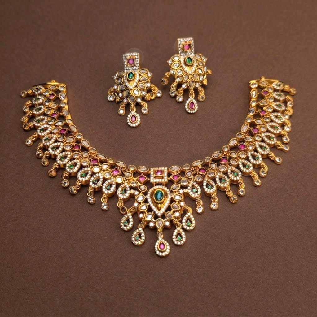 Polki Gemstone Replica Partywear Necklace Set