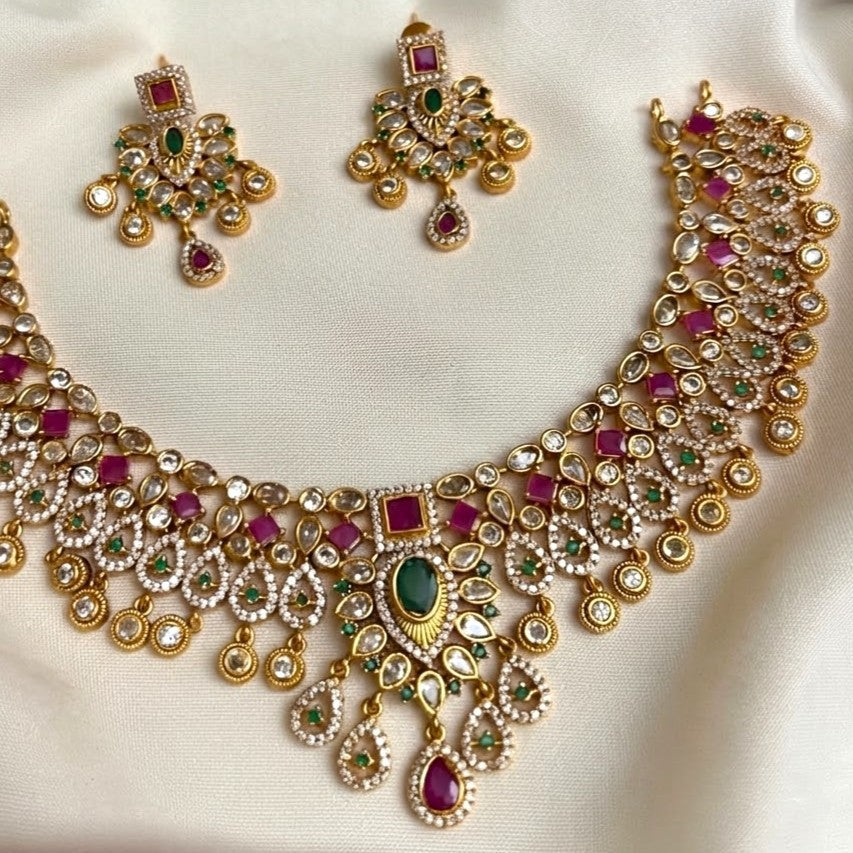 Polki Gemstone Replica Partywear Necklace Set