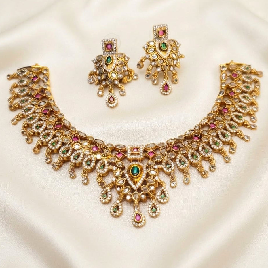Polki Gemstone Replica Partywear Necklace Set Bridal Affordable Necklace