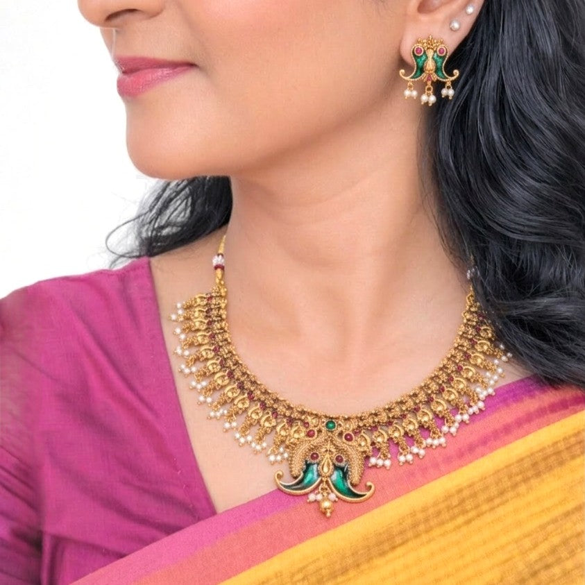 Arhoha Antique Gold Traditional Enamel Pulipal Peacock Design&nbsp;Kemp Pearl Necklace Set.