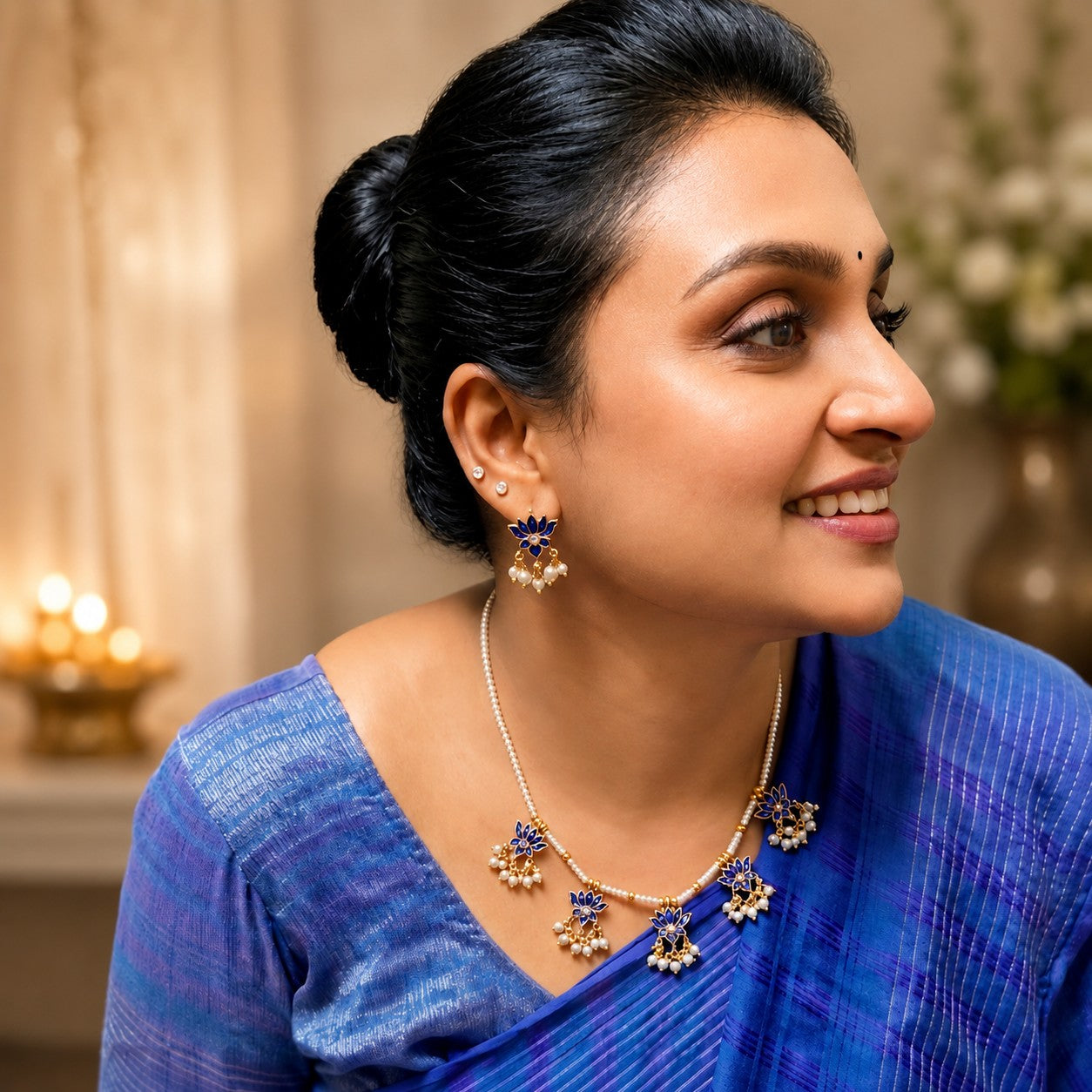 Enamel Lotus Pearl Bead Necklace Set