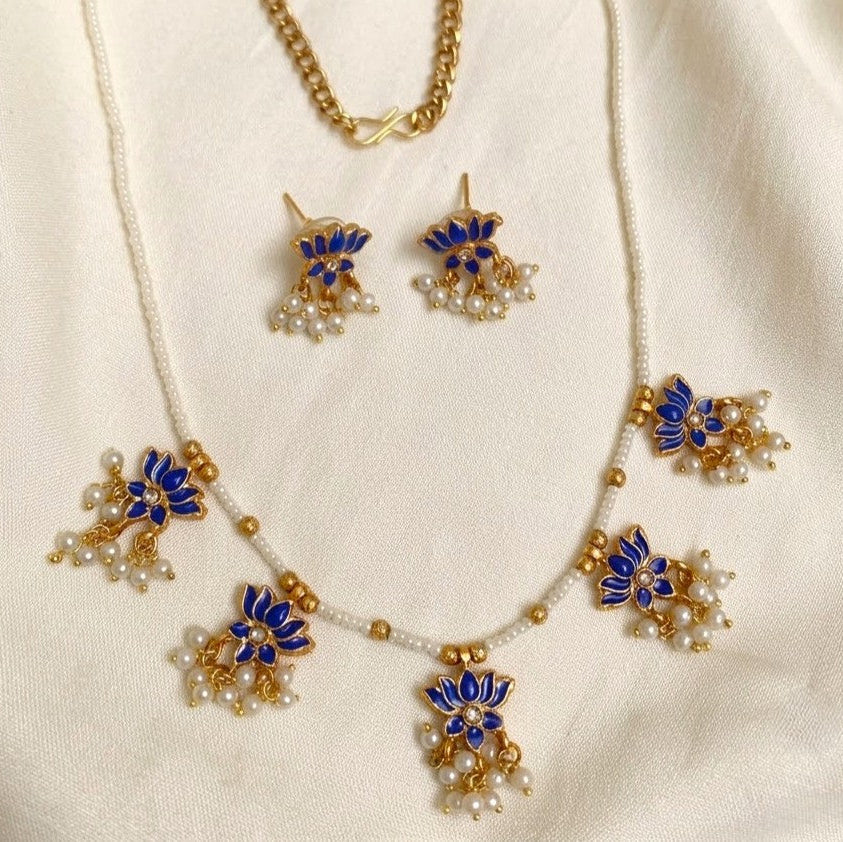 Spphire Blue royall Pearl Enamel lotus Mughal Necklace set