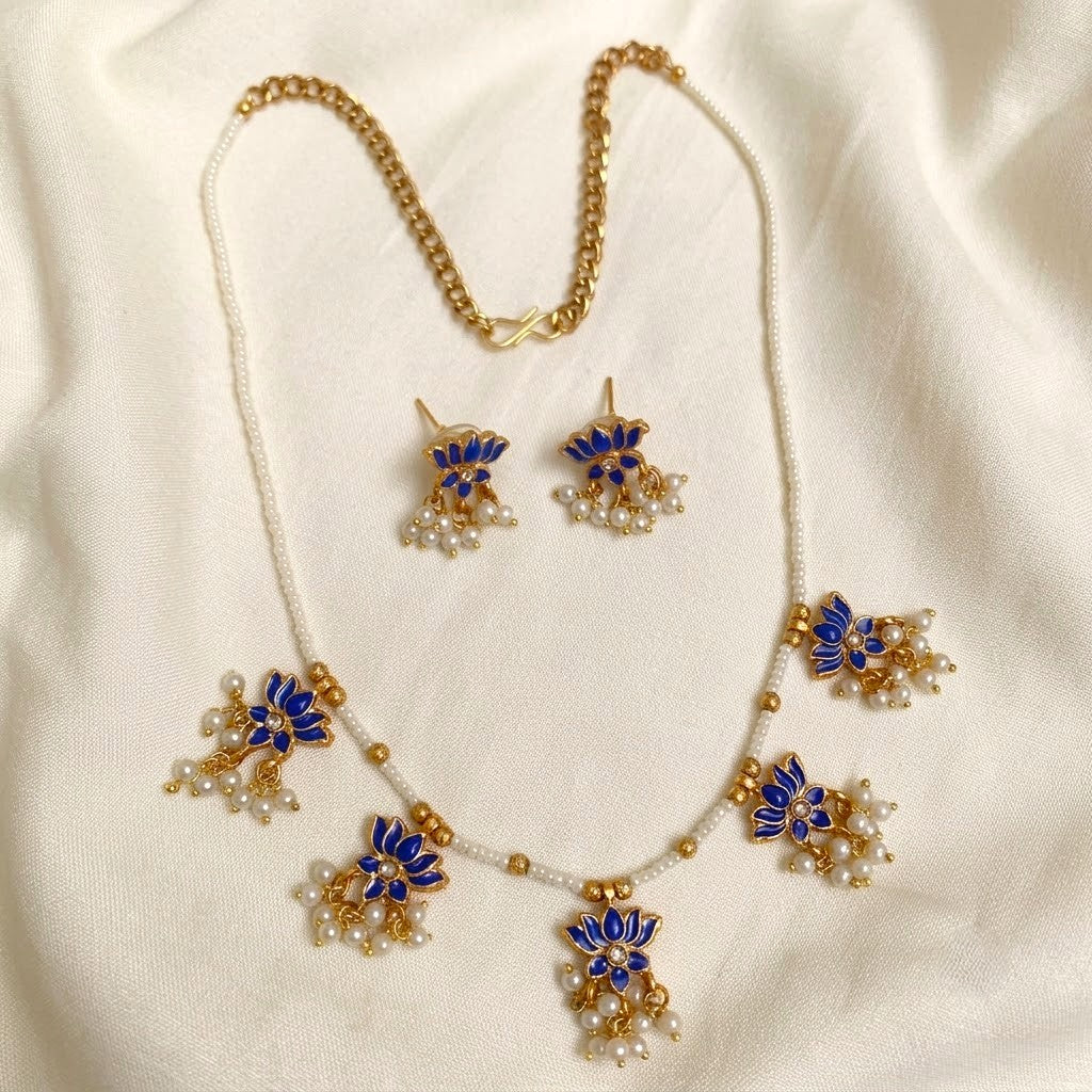 Pearl Enamel lotus Mughal Necklace set