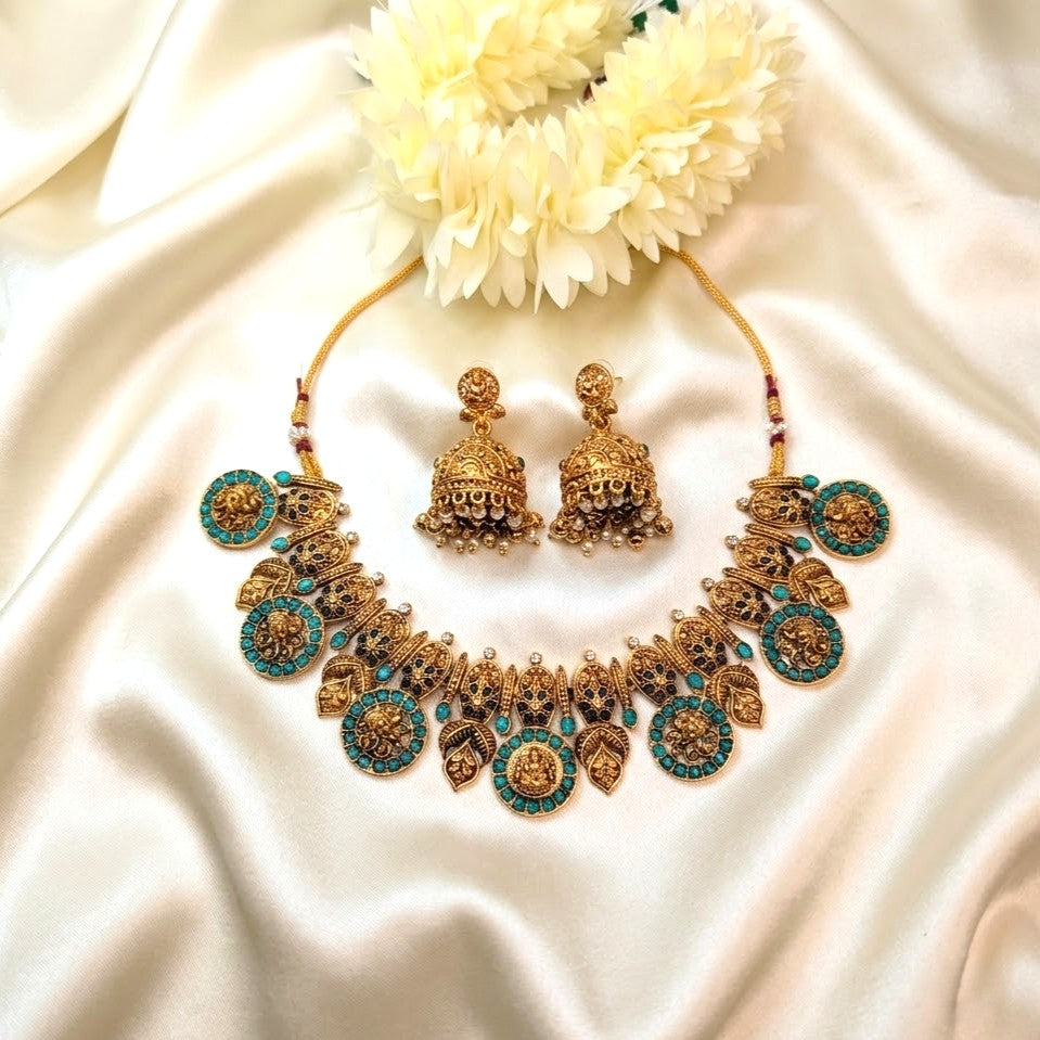 Temple Design Kemp Lakshmi Coin Necklace Set