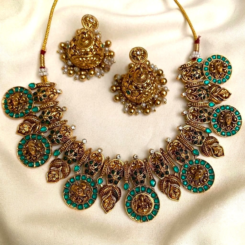 Temple Design Kemp Lakshmi Coin Necklace Set