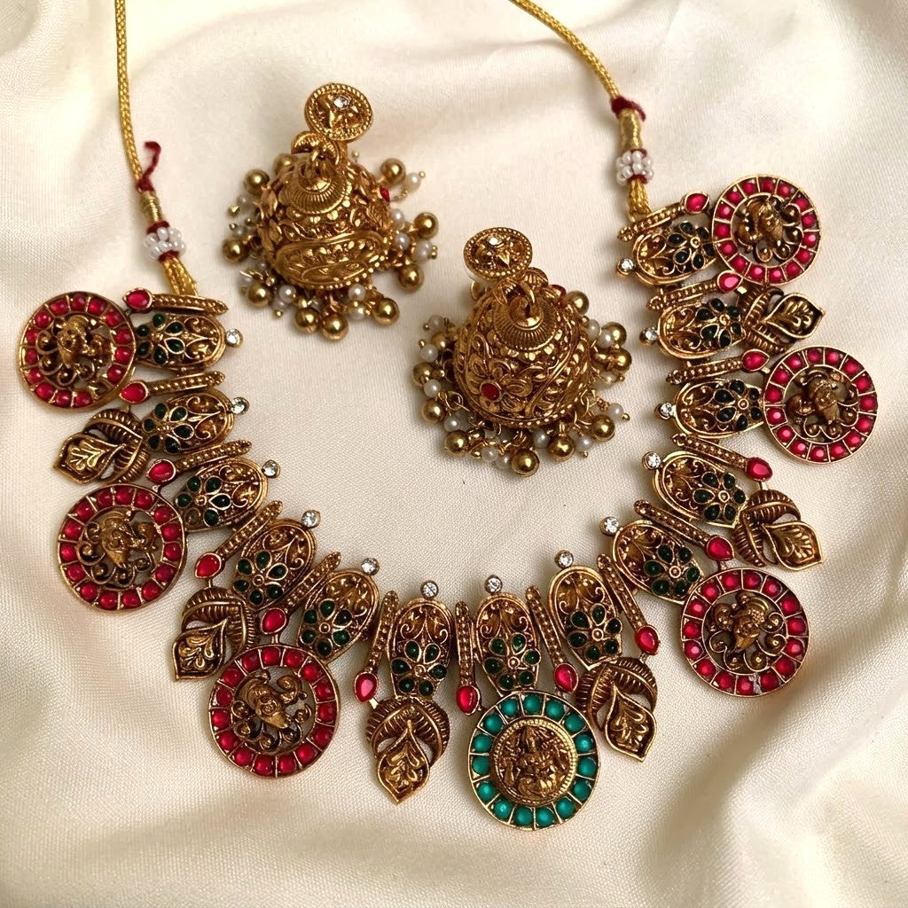 Temple Design Kemp Lakshmi Coin Necklace Set