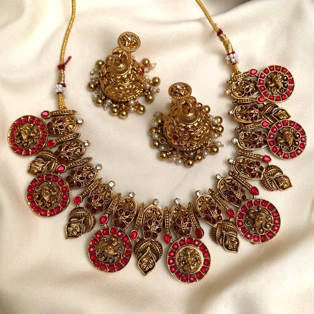 Temple Design Kemp Lakshmi Coin Necklace Set