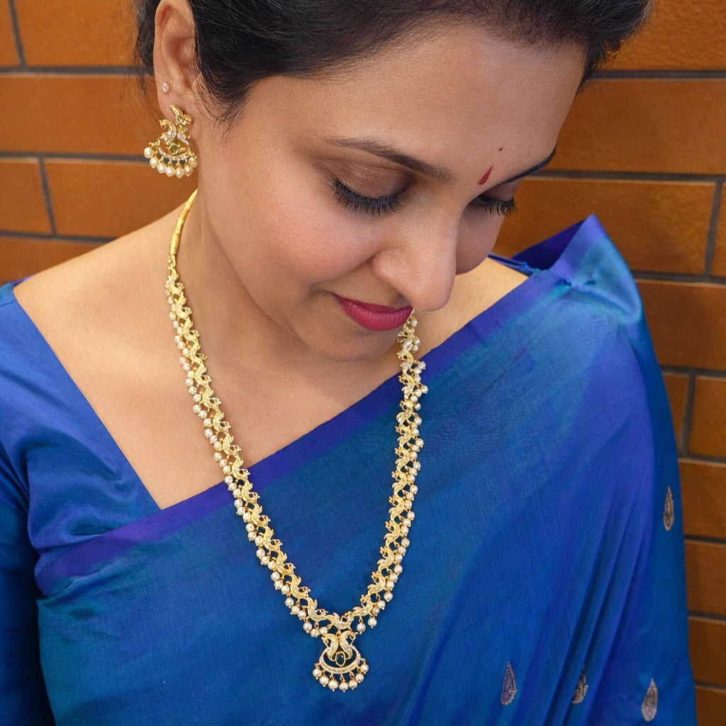 Matte Gold Peacock Long Haram Necklace Set