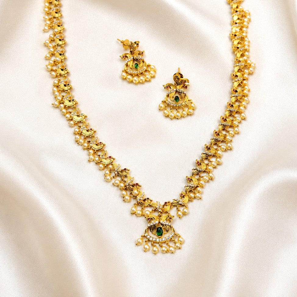 Matte Gold Peacock Long Haram Necklace Set