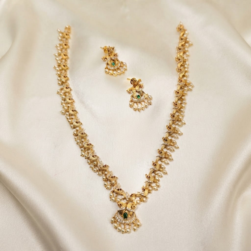 Matte Gold Peacock Long Haram Necklace Set