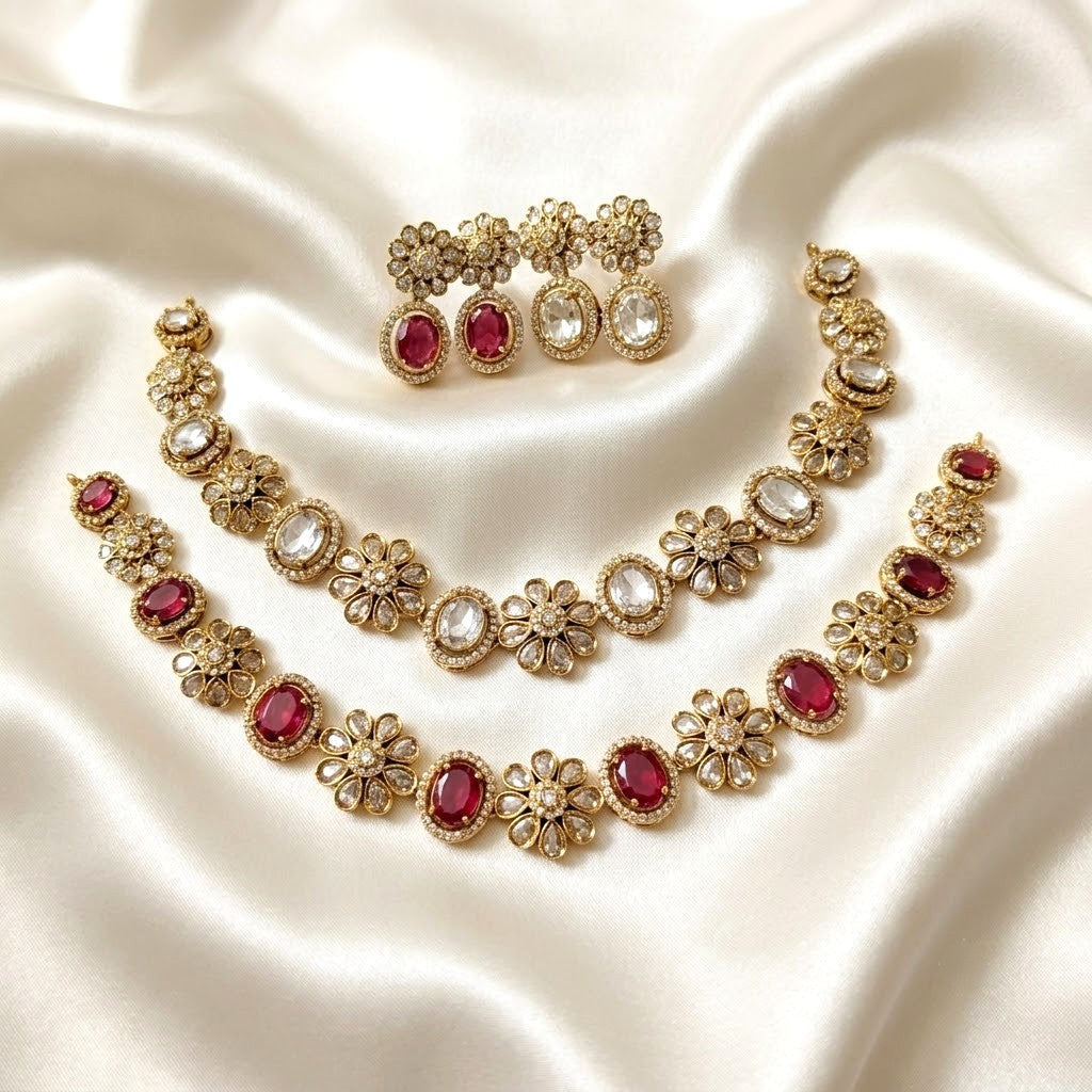 Floral Gemstone Polki Victorian Necklace Set