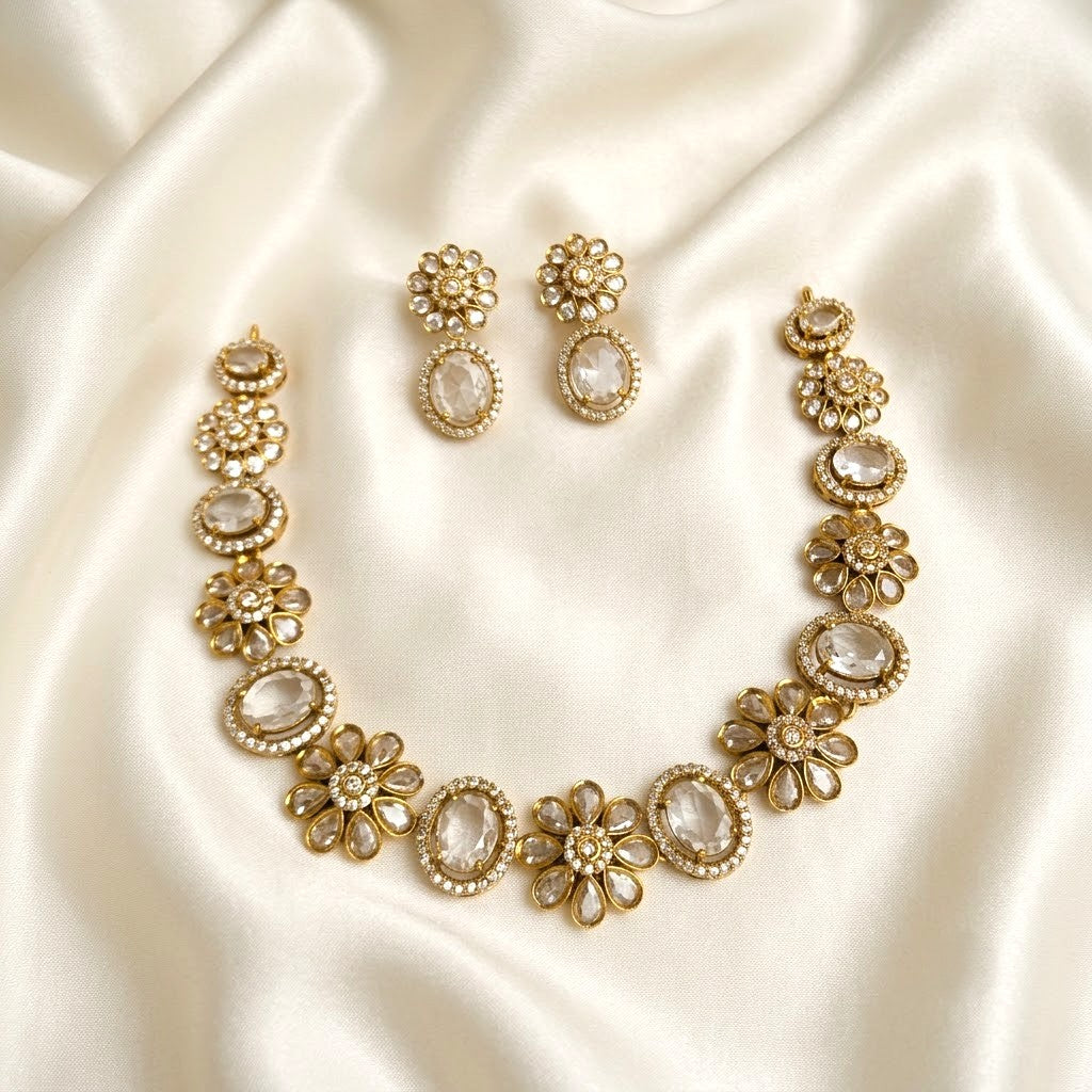 Floral Gemstone Polki Victorian Necklace Set