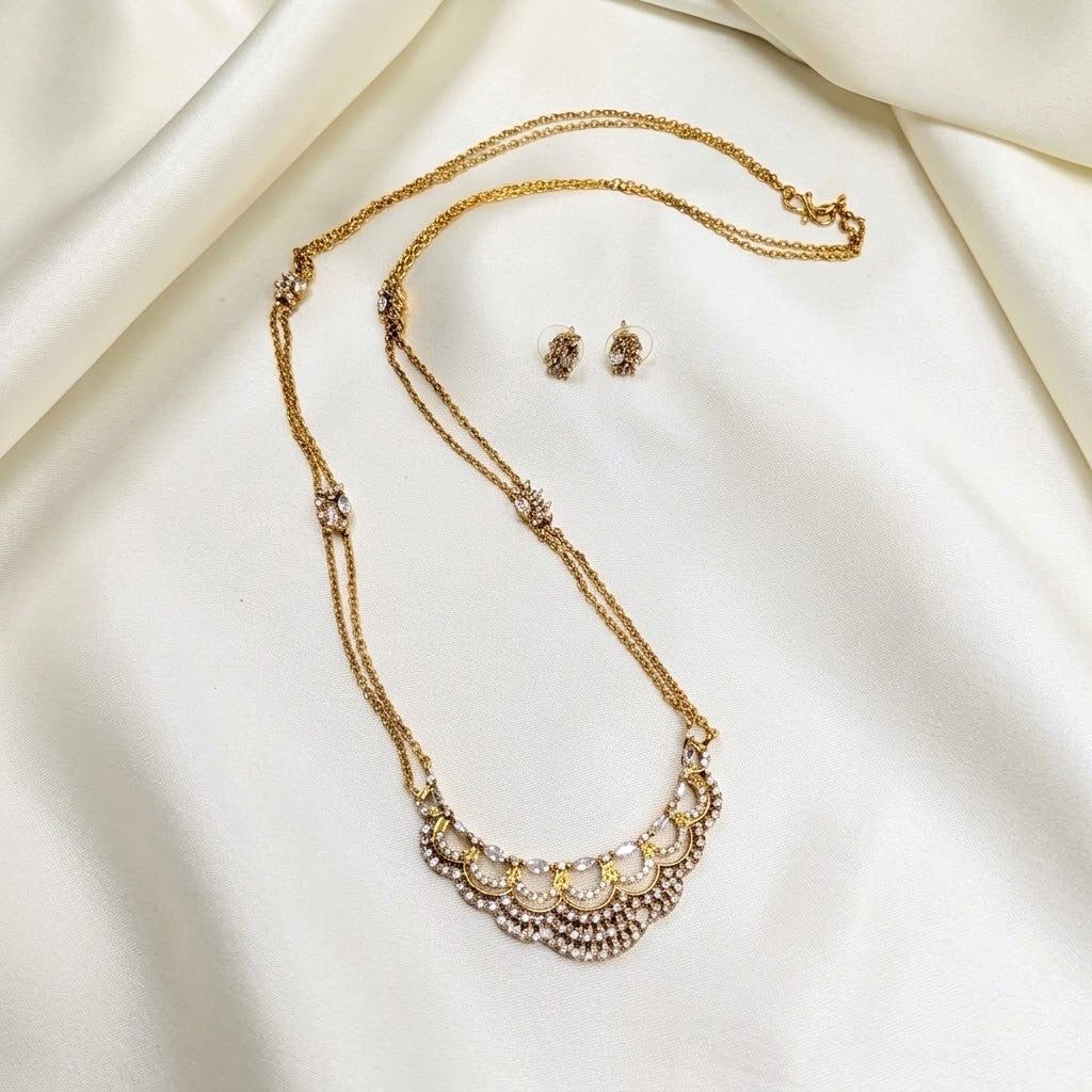 Antique Gold AD Pendant Chain Long Necklace Set