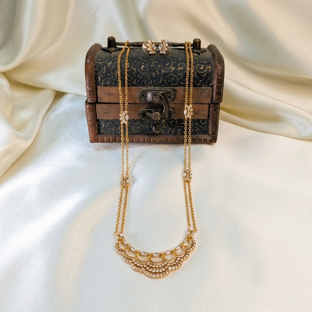 Antique Gold AD Pendant Chain Long Necklace Set