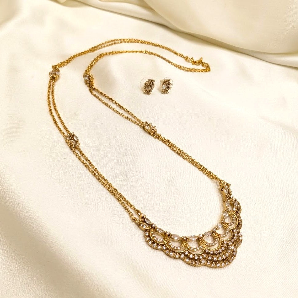 Antique Gold AD Pendant Chain Long Necklace Set