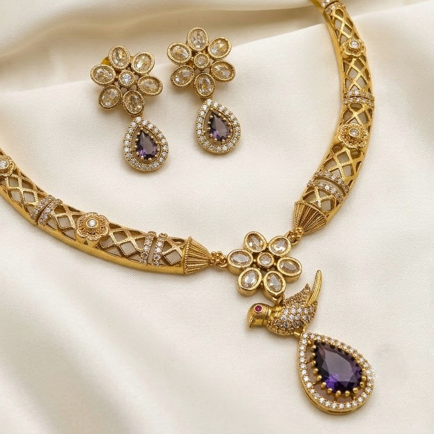 Gemstone Floral Bird Drop Hasli Necklace Set