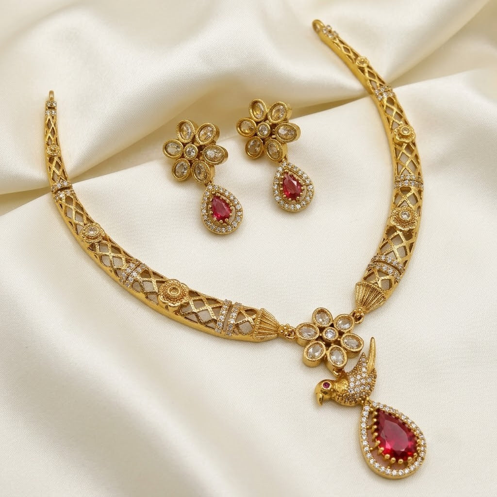 Gemstone Floral Bird Drop Hasli Necklace Set