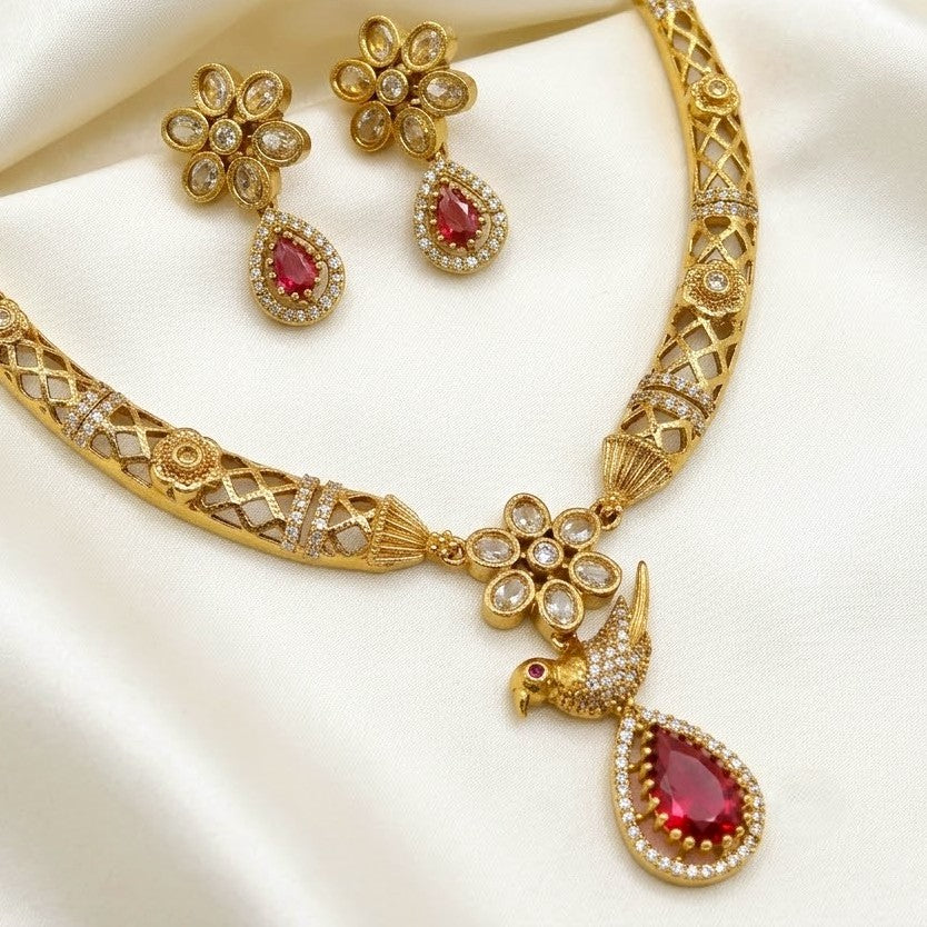 Gemstone Floral Bird Drop Hasli Necklace Set