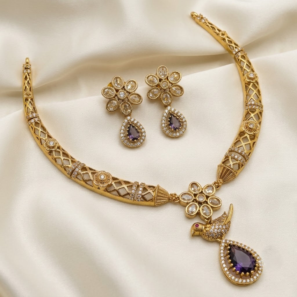 Gemstone Floral Bird Drop Hasli Necklace Set