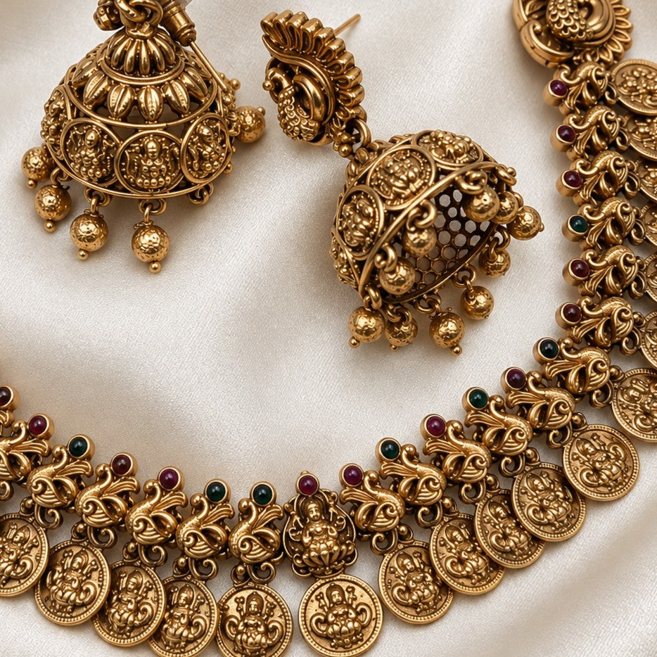 Traditional Peacock Lakshmi Kemp Necklace Set