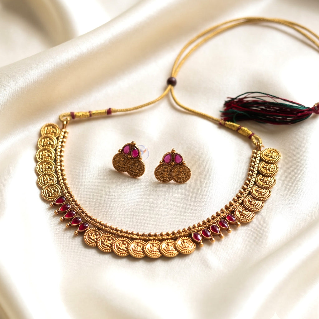 Traditional Matte Gold Coin Necklace Set