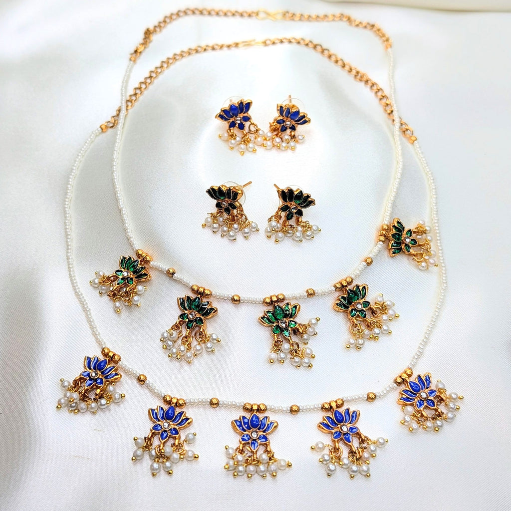 Enamel Lotus Pearl Bead Necklace Set