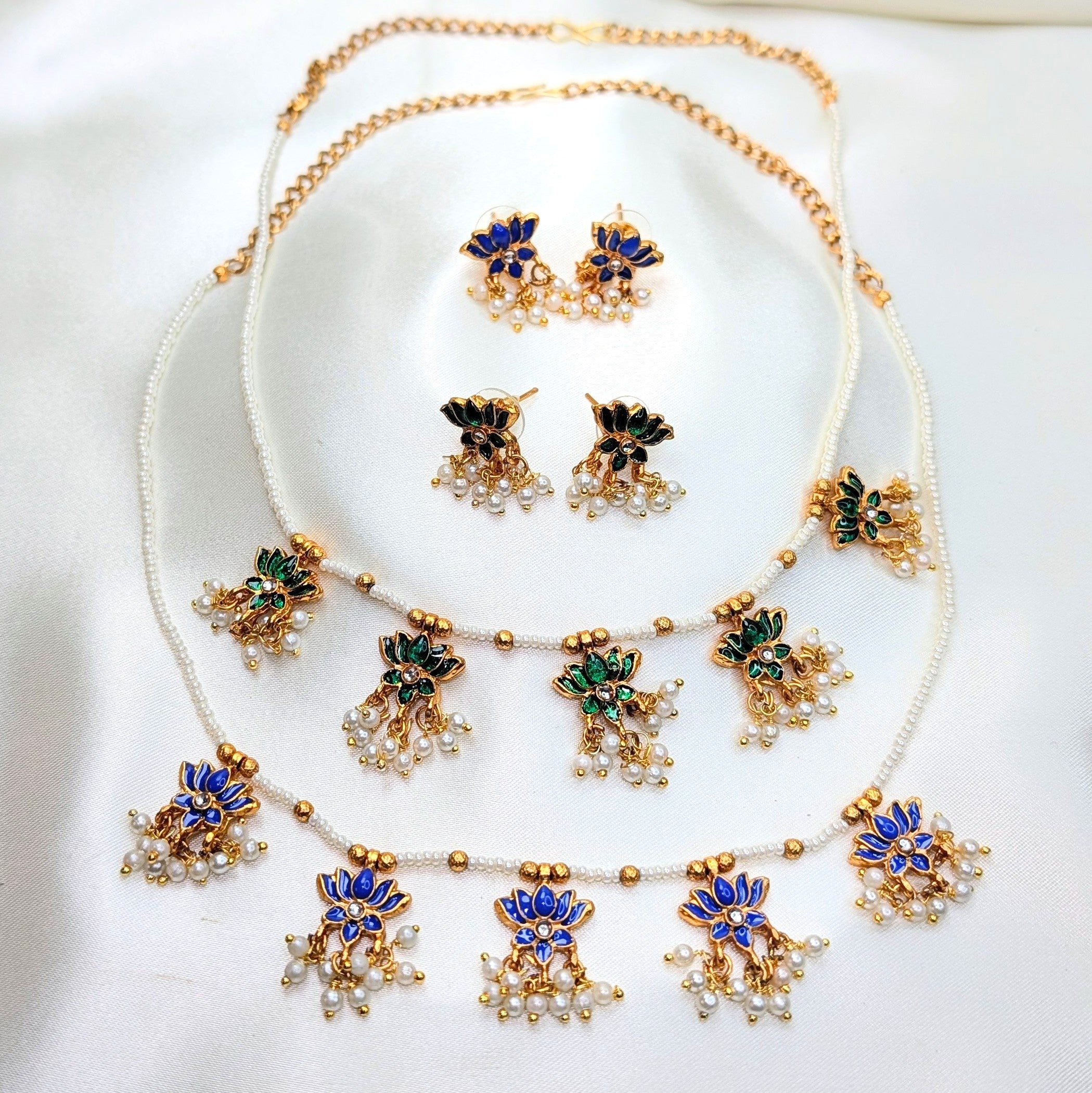 Enamel Lotus Pearl Bead Necklace Set