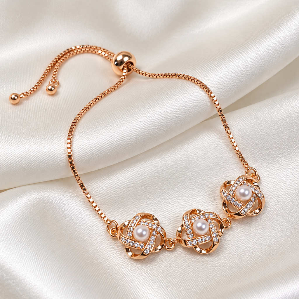 Rose Gold Spiral Pearl American Diamond Slider Bracelet
