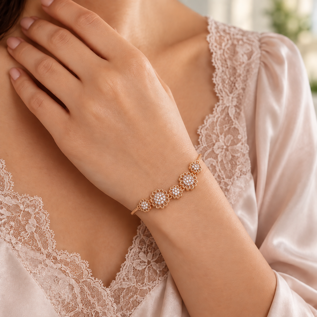Rose Gold Daisy American Diamond Slider Bracelet