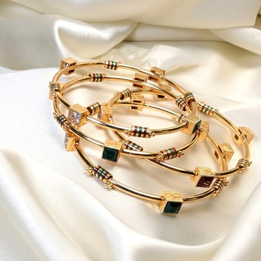 Enamel Cube Multi-Stone Pipe Bangle Sets