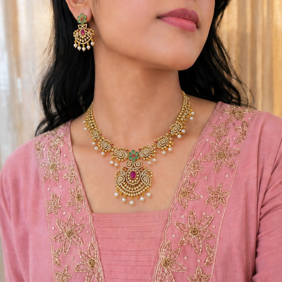 Peacock Diamond Replica Partywear Necklace Set