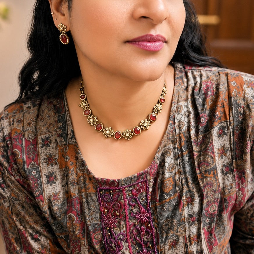 Floral Gemstone Polki Victorian Necklace Set