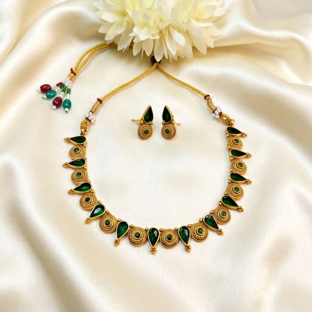 Arhoha Matte Gold Enamel Palakka Design Necklace Set