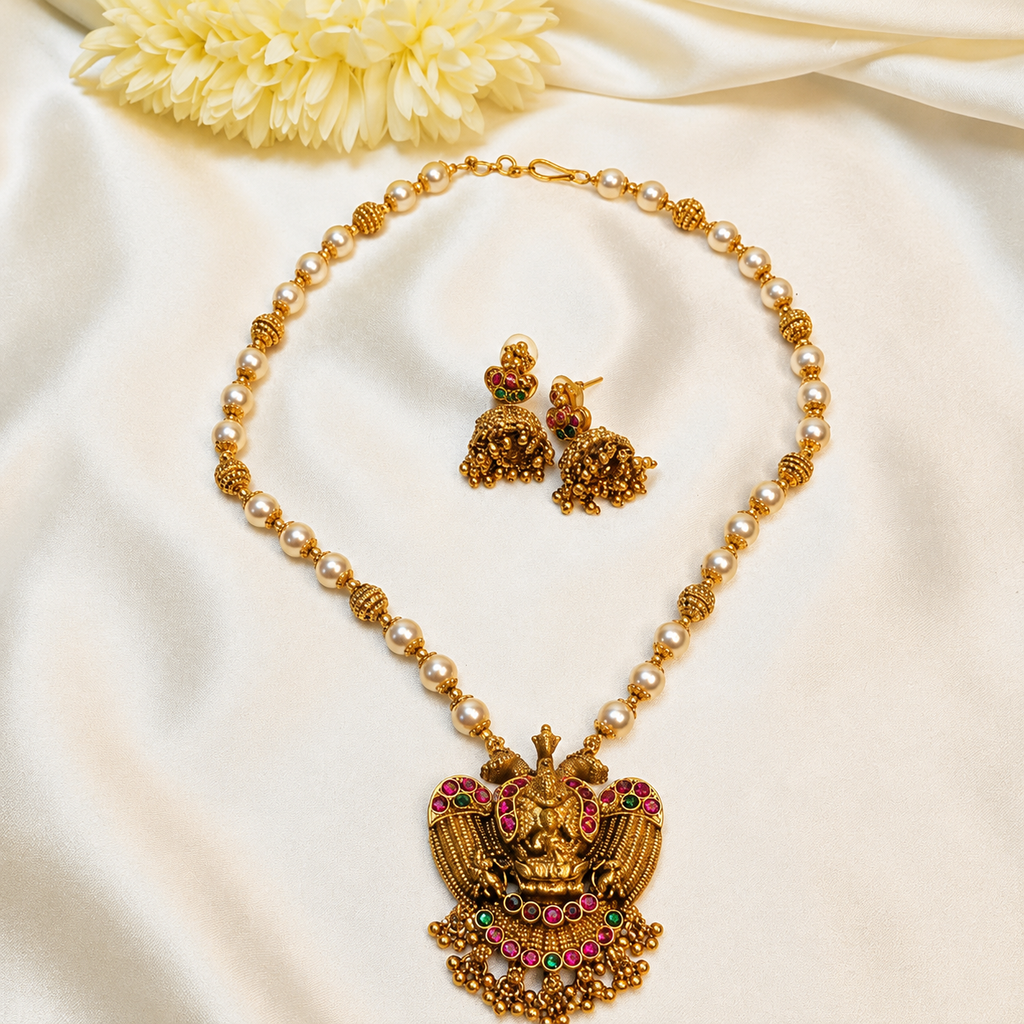 Ganda Berunda Lakshmi Pearl Ball Mid Haram Necklace Set