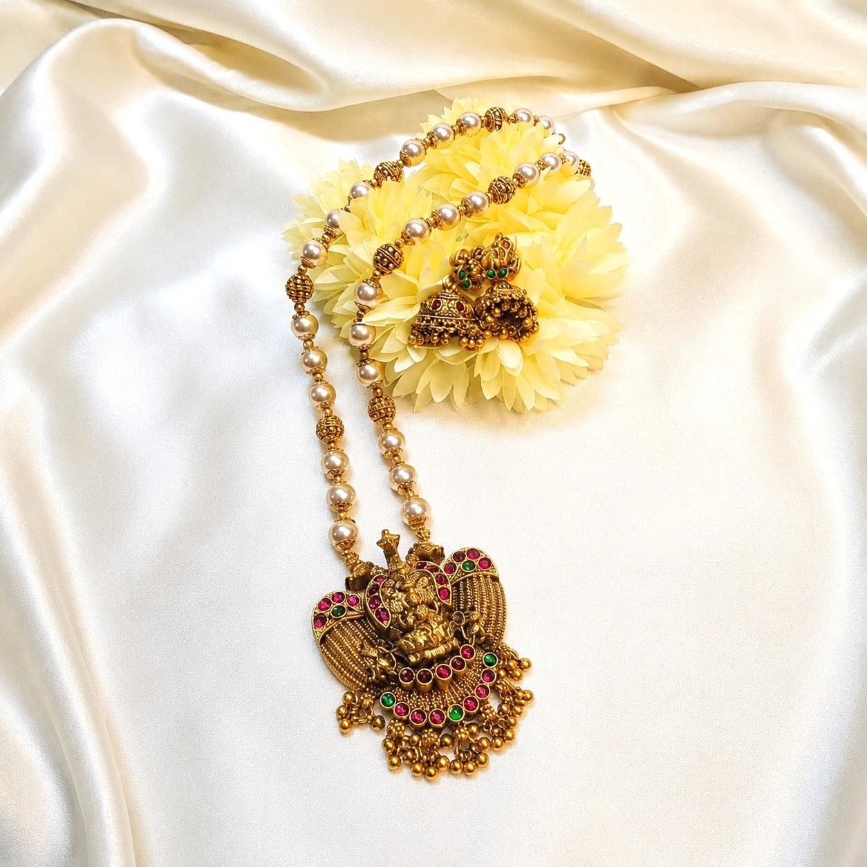 Ganda Berunda Lakshmi Pearl Ball Mid Haram Necklace Set