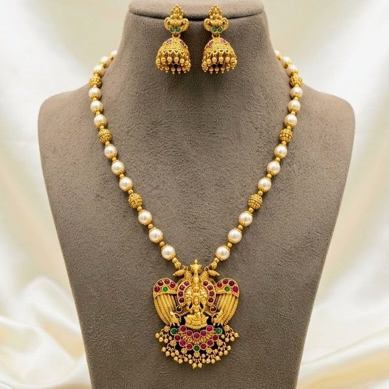 Ganda Berunda Lakshmi Pearl Ball Mid Haram Necklace Set