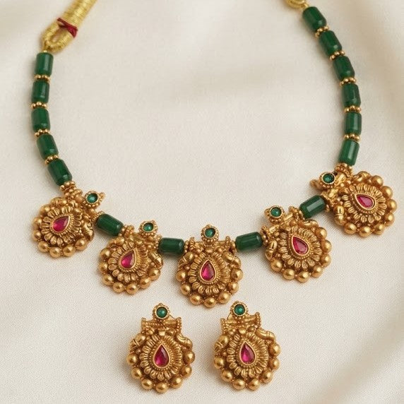 Floral Green Beaded Traditional Necklace Set