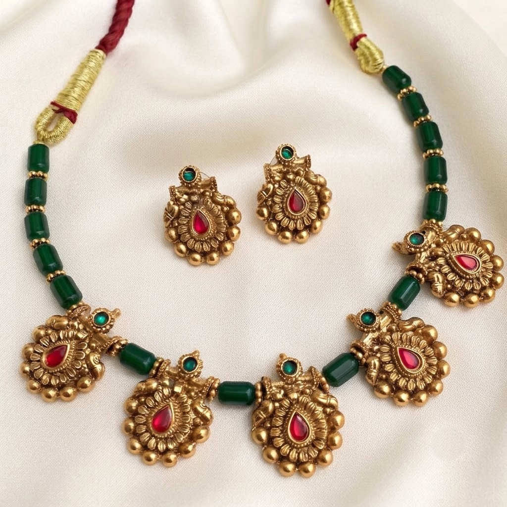 Floral Green Beaded Traditional Necklace Set
