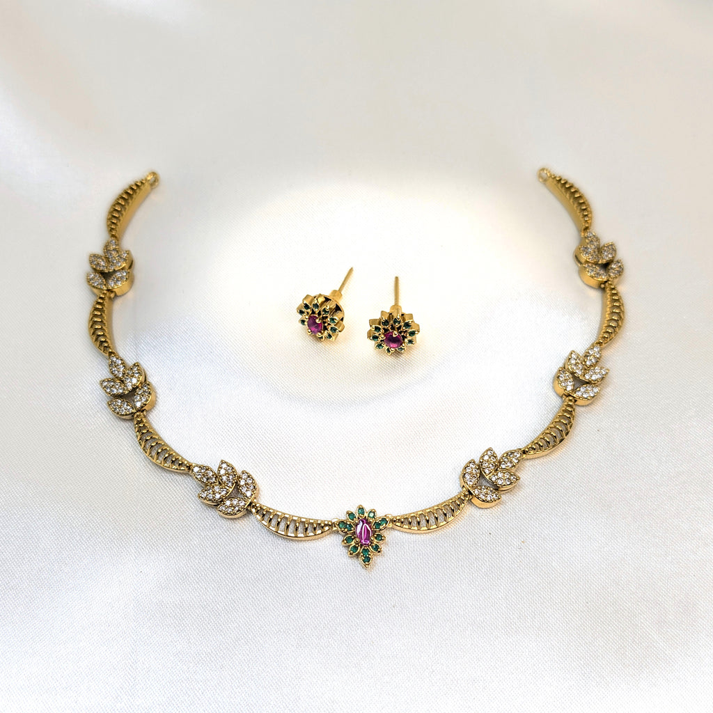 Floral AD Antique Gold Necklace Set