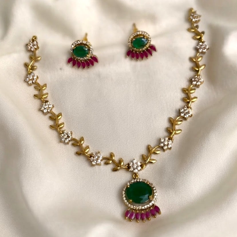 Arhoha Antique Gold Floral American Diamond Oval Gemstone Drop Pendant Partywear Simple Necklace Set.