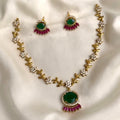 Arhoha Antique Gold Floral American Diamond Oval Gemstone Drop Pendant Partywear Simple Necklace Set.