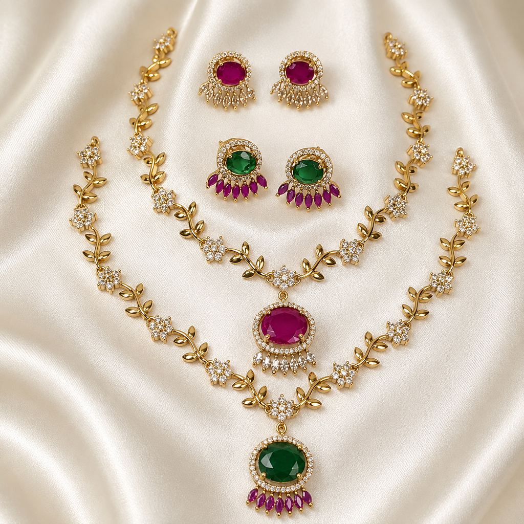 Arhoha Antique Gold Floral American Diamond Oval Gemstone Drop Pendant Partywear Simple Necklace Set Ruby Emerald eid necklace