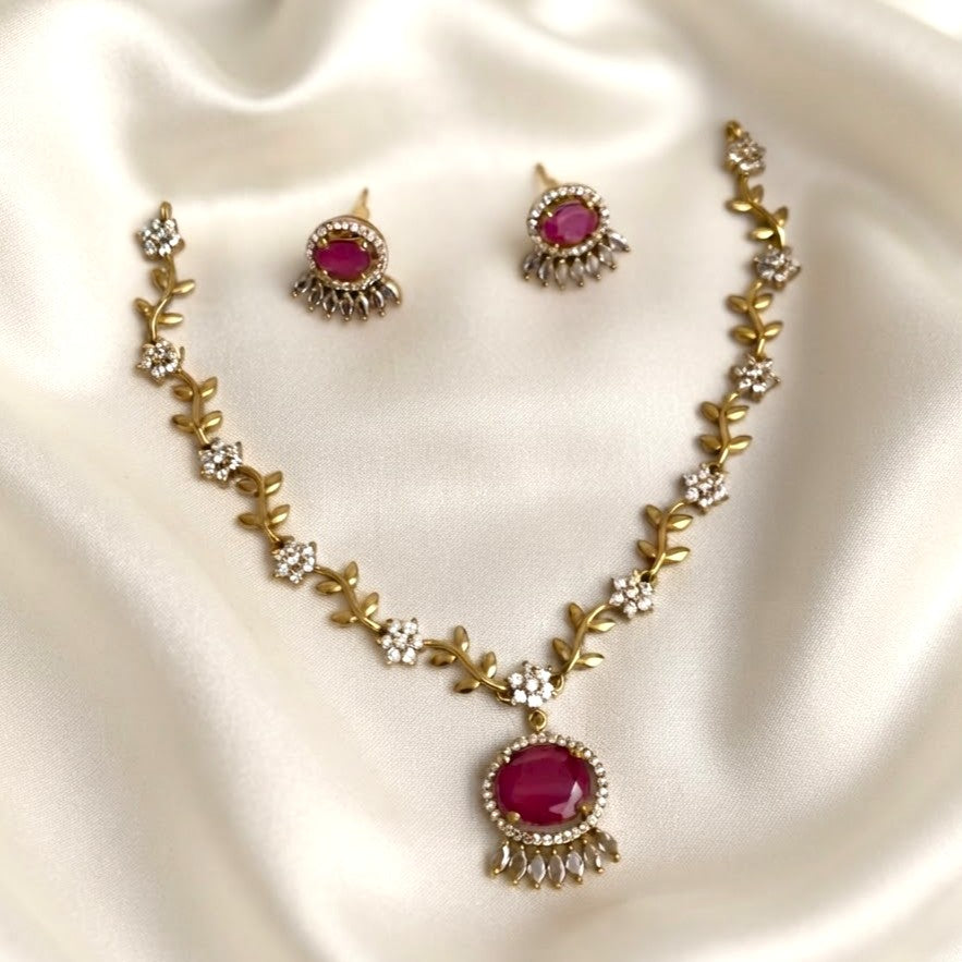 Floral AD Oval Drop Pendant Necklace Set