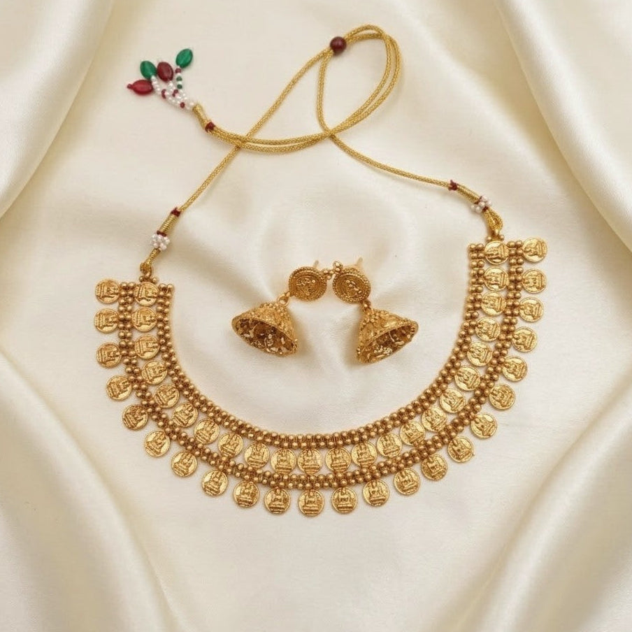 Antique gold lakshmi coin double layer onam necklace